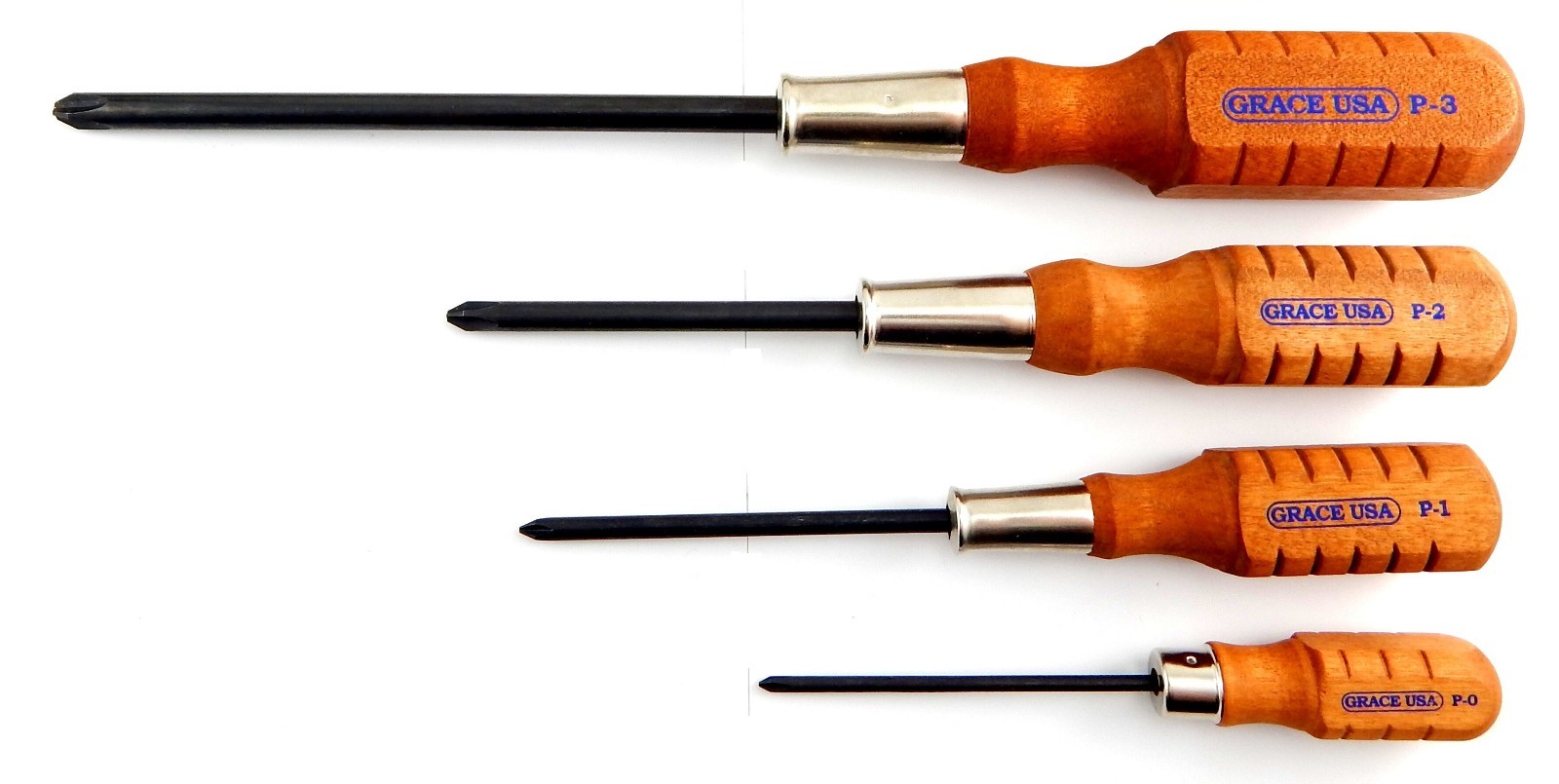 Grace 4pc Phillips Screwdriver Set P0 P1 P2 P3 Wood Handle Made in USA gallery