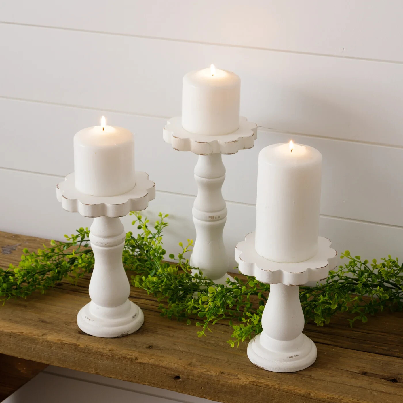 NEW Cottage Chic PILLAR CANDLE HOLDERS FLORAL SHAPED Aged Creamy White 3pc gallery