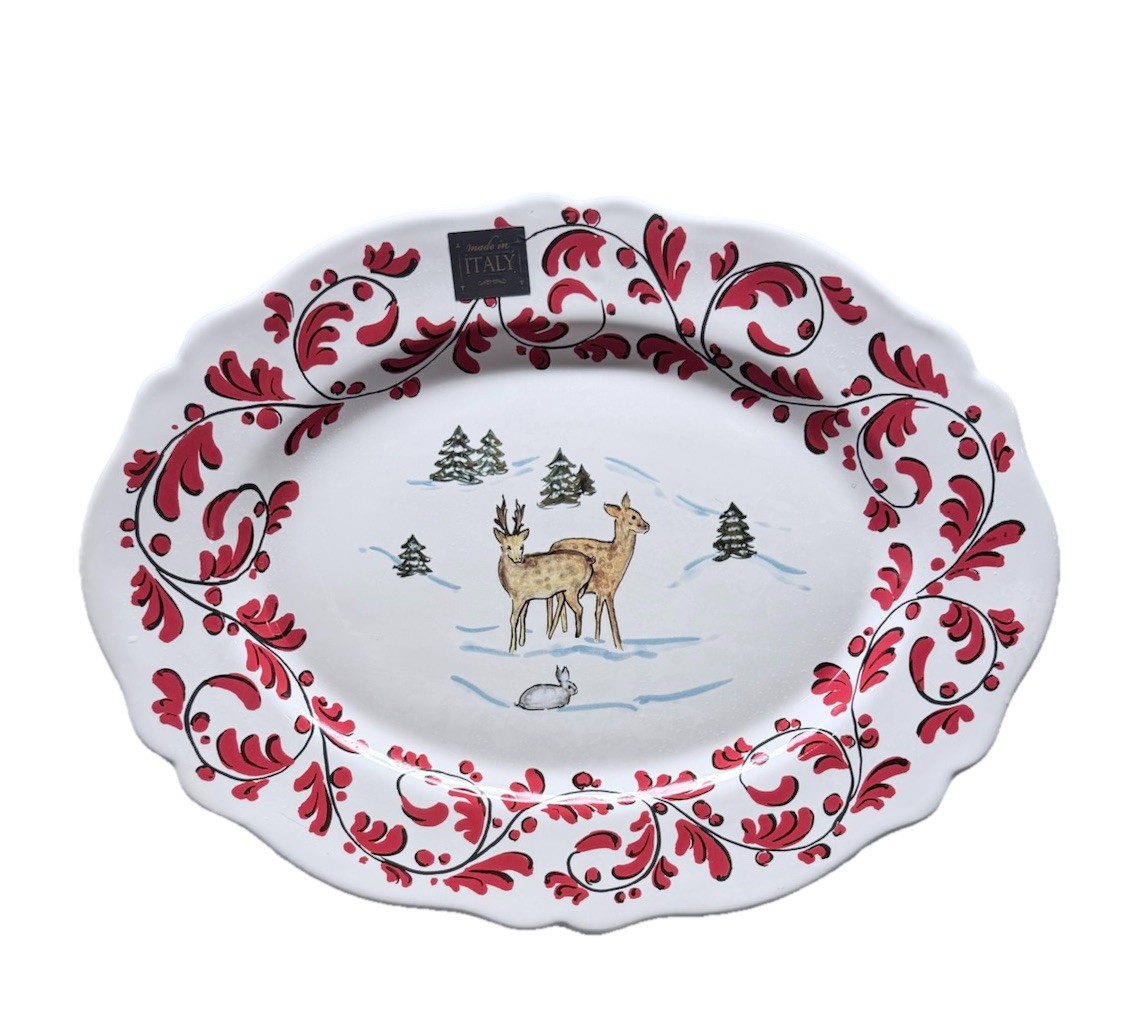 Nova Deruta 15 " Italian Ceramic Oval Platter Deer Trees Bunny Red Leaf Scroll gallery