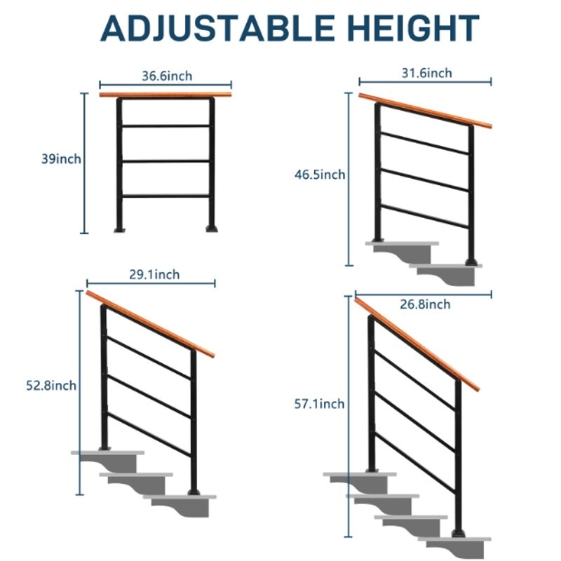 Adjustable Handrail for Stairs 2 & 3 Step Stair Railing Wood Handle Wrought Iron gallery