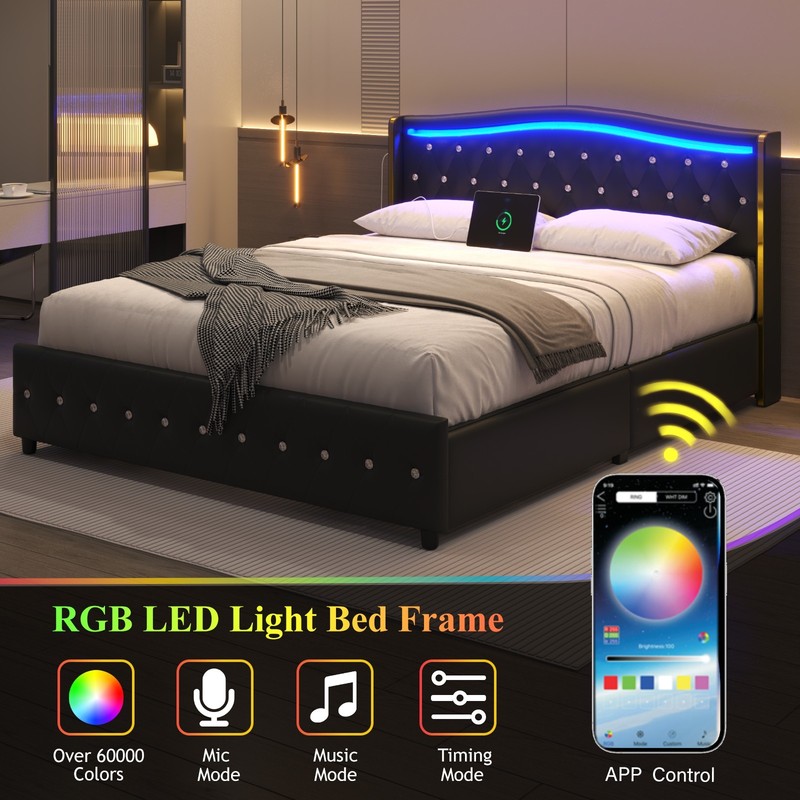 Bed Frame with upholstered headboard，4 Storage Drawers and Led,Charging station. gallery