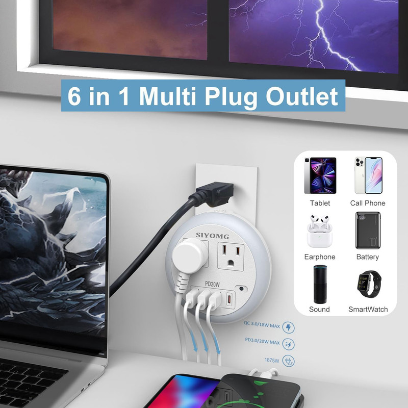 LED Night Lights Plug into Wall, Plug in Night Light with 4 USB Ports and 2 Outl gallery