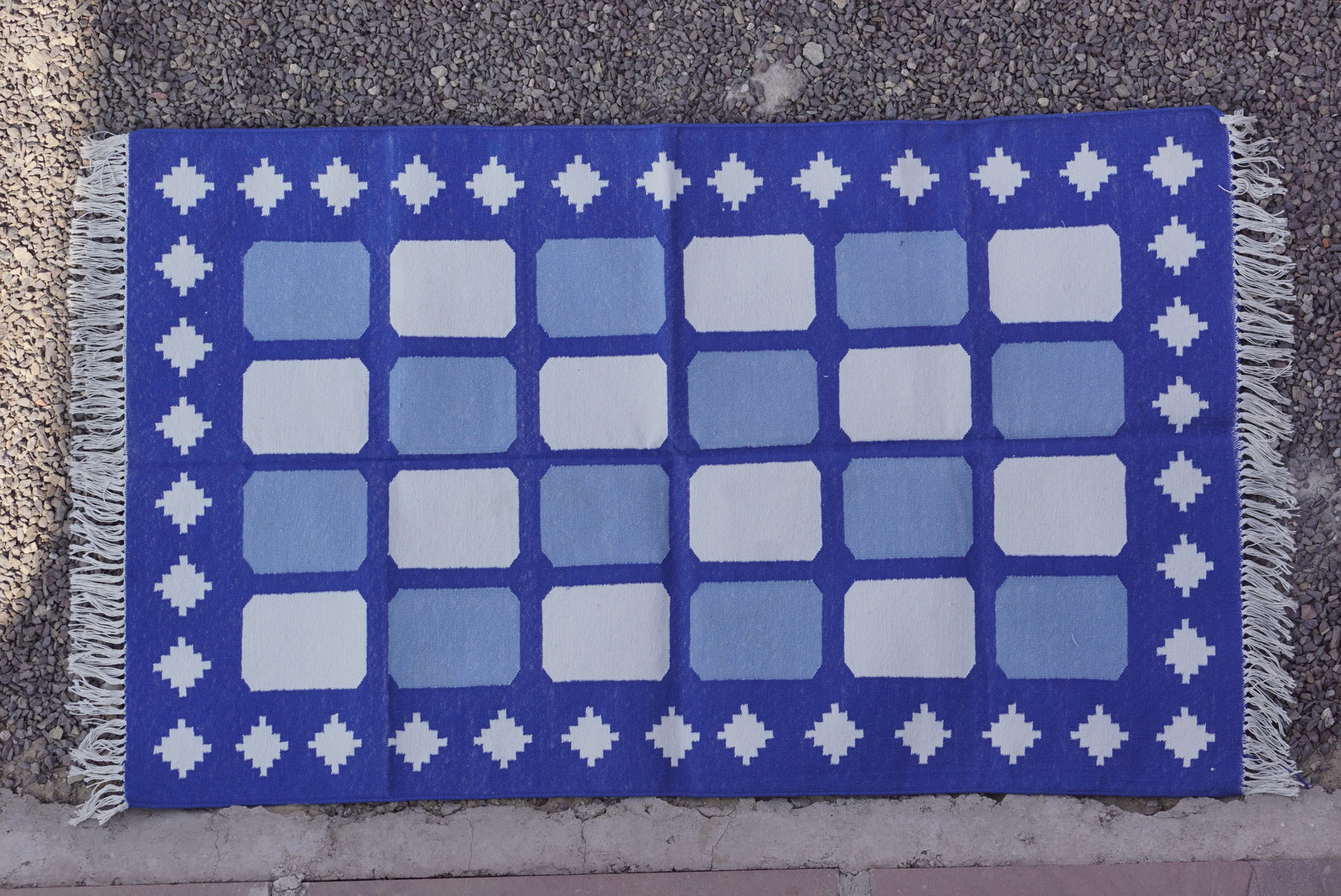 Rugmoda Cotton Blue White Geometric Box Rug 3x5 Modern Flatweave Dhurrie Rug gallery