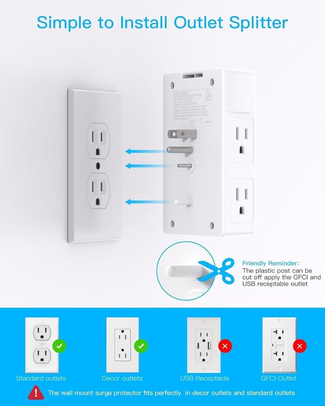 5 Outlet Extender, Multi Plug Outlet, 2 Type-C, 2 USB Wall Charger Surge 1680J gallery