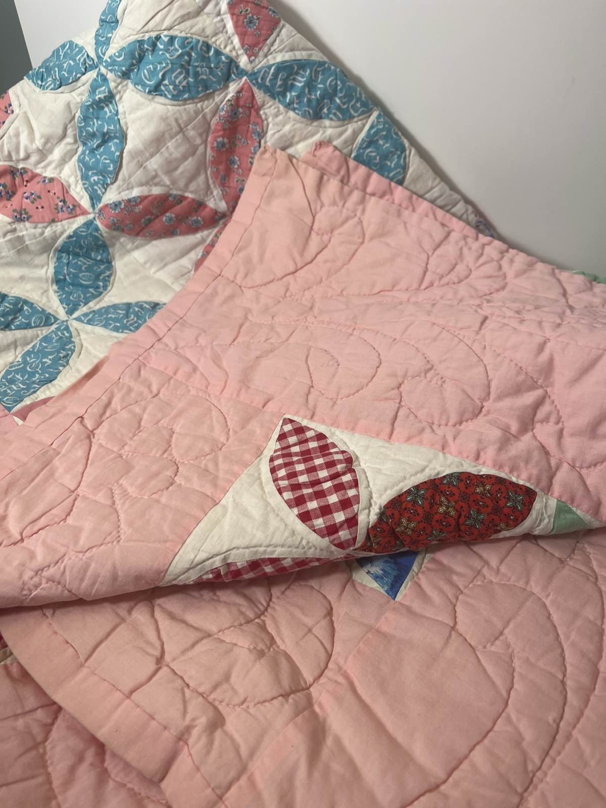 Hand Quilted Orange Peel Quilt Pink Blue Floral Patchwork Cottagecore Style gallery