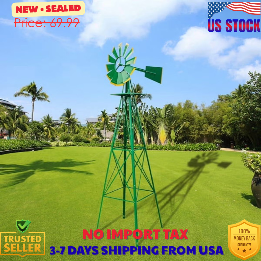 8FT Green Metal Windmill Yard Garden Decoration Weather Rust Resistant Wind Mill gallery