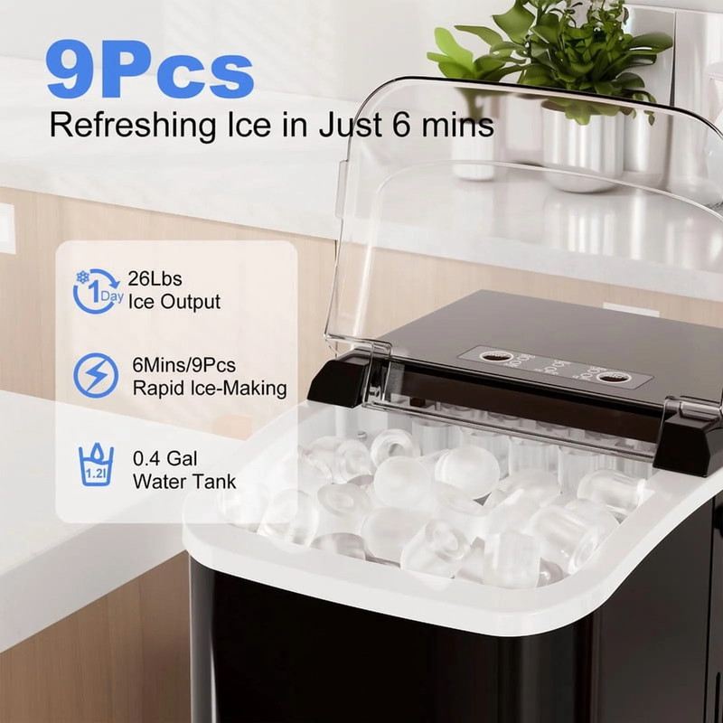Countertop Ice Maker, 9 Bullet Ice Cubes in 6 Mins, 26Lbs/24H, W/ Scoop & Basket gallery