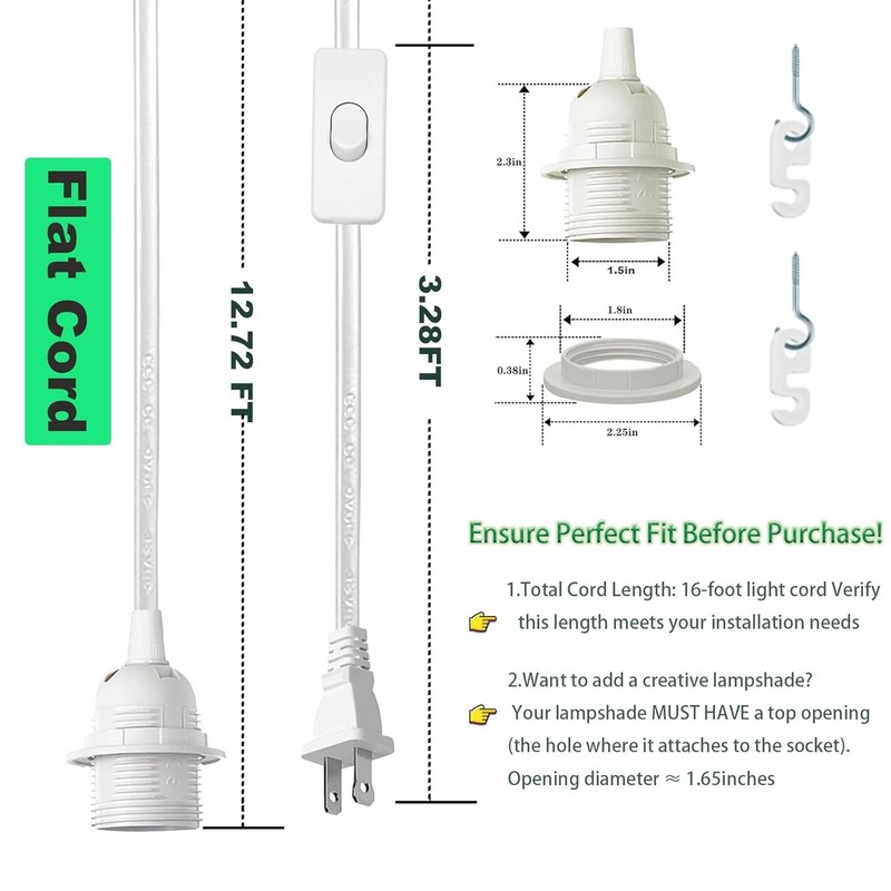 Plug in Light Socket Kit 16Ft Pendant Light Cord E26 E27 Hanging Lamp with On... gallery
