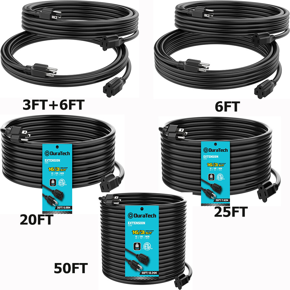 DuraTech 50ft/25ft/20ft/6ft/3ft Extension Cord Heavy Duty 16/3 SJTW 13Amps Black gallery