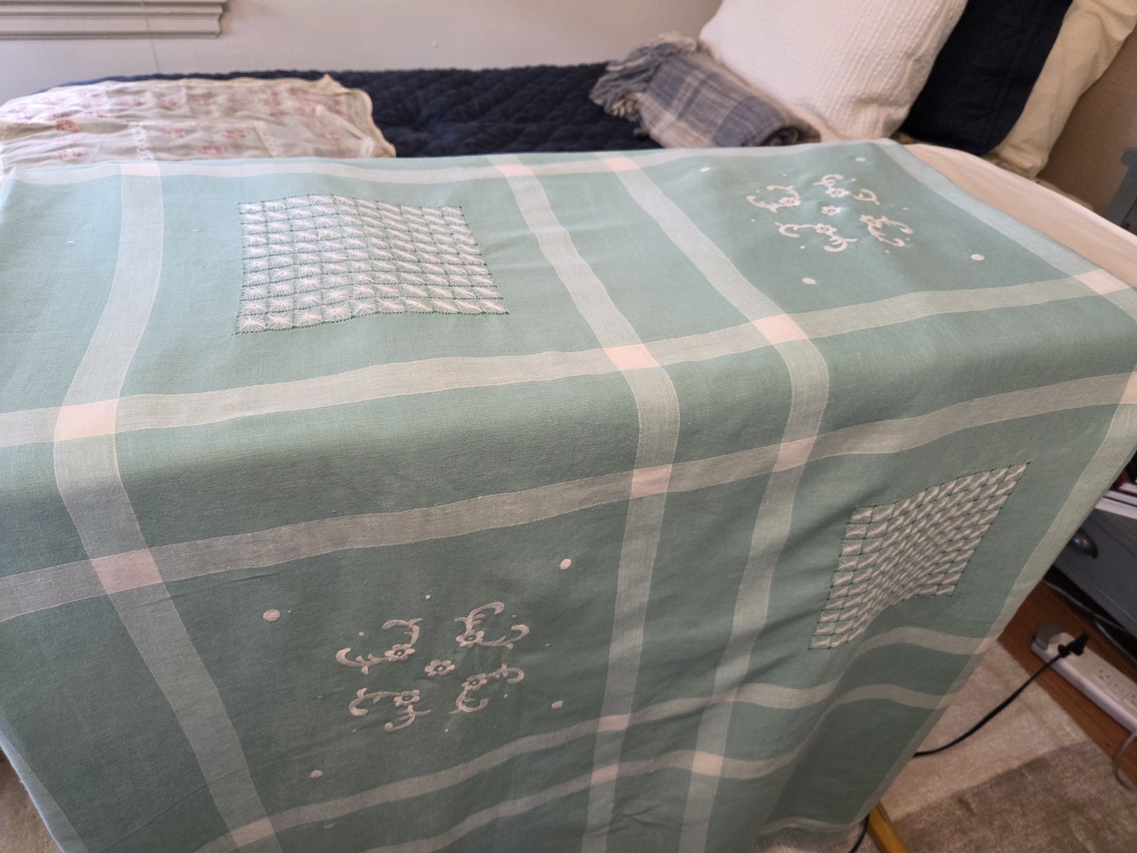 Embroidered Light Green Cotton Rectangle Tablecloth Floral Geometric Design gallery