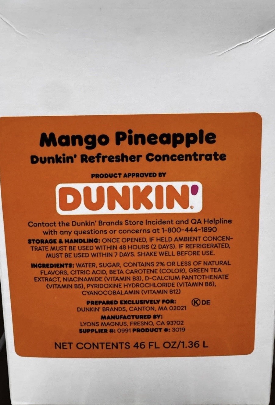 Dunkin Mango Pineapple Refresher Concentrate 46oz gallery