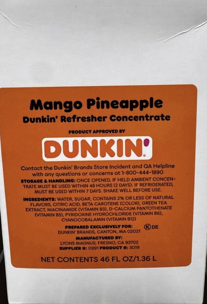 Dunkin Mango Pineapple Refresher Concentrate 46oz