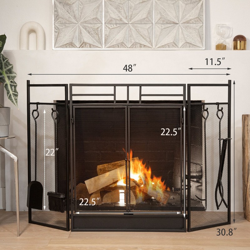 Barton 3-Panel Fireplace Screen Doors Guard With 4-Pieces Fireplace Tools Panels gallery