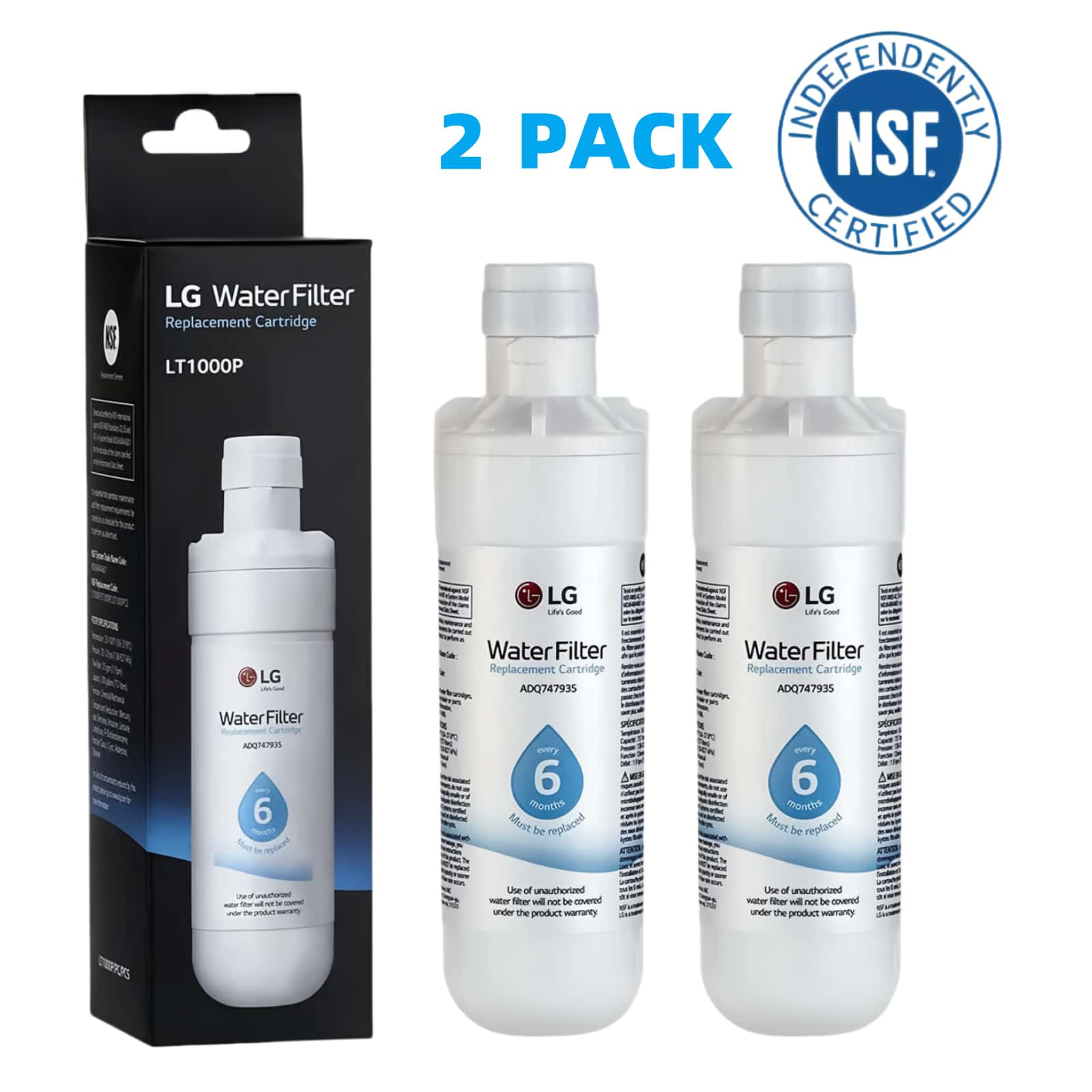 2 Pack LG LT1000P Refresh Refrigerator Ice Water Filter ADQ747935 GF-D706BSL US gallery