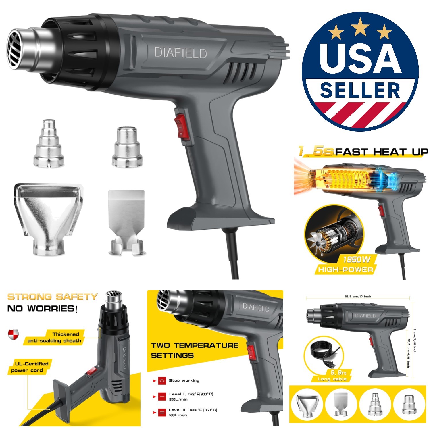 Professional 1850W Heat Gun for Epoxy, Shrink Wrap & Craft Projects - 4 Nozzles gallery