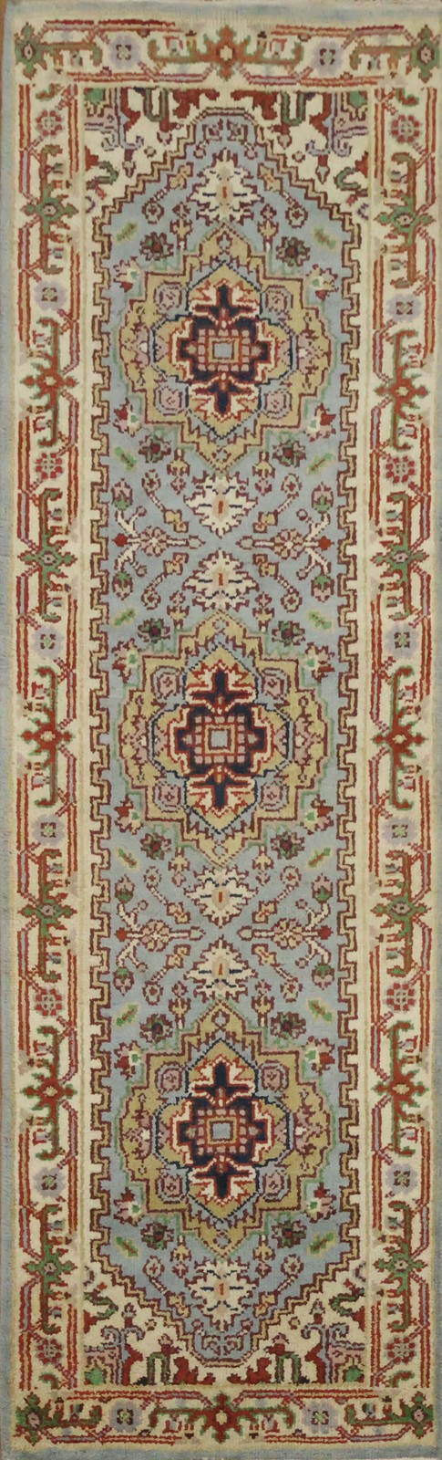 8ft Light Blue & Rust Hand-Knotted Traditional Runner Rug Wool gallery