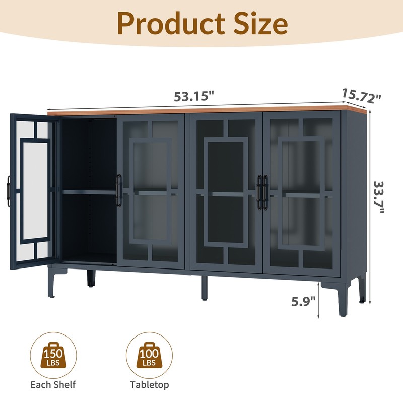 53" Glass Buffet Cabinet LED Lighted Sideboard Display Cabinet Shelf Adjustable gallery