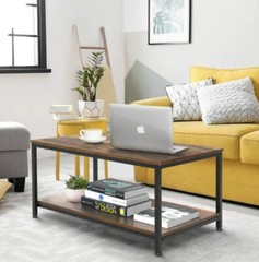 Rectangular Dark Brown Wooden Coffee Table with Black Metal Frame ZENY Brand