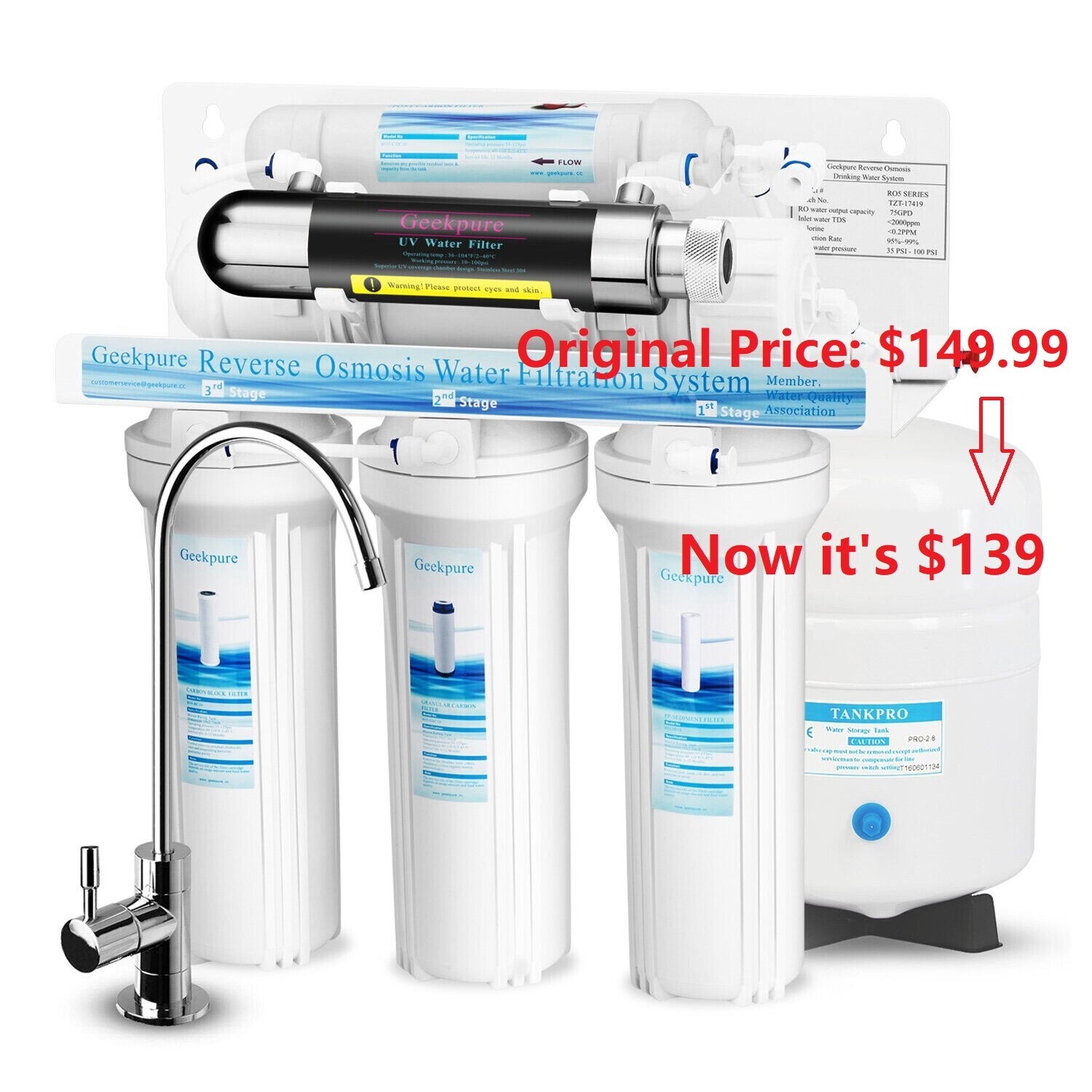 Geekpure 6 Stage Reverse Osmosis RO Water Filter System U-V Filter 75 GPD Used gallery