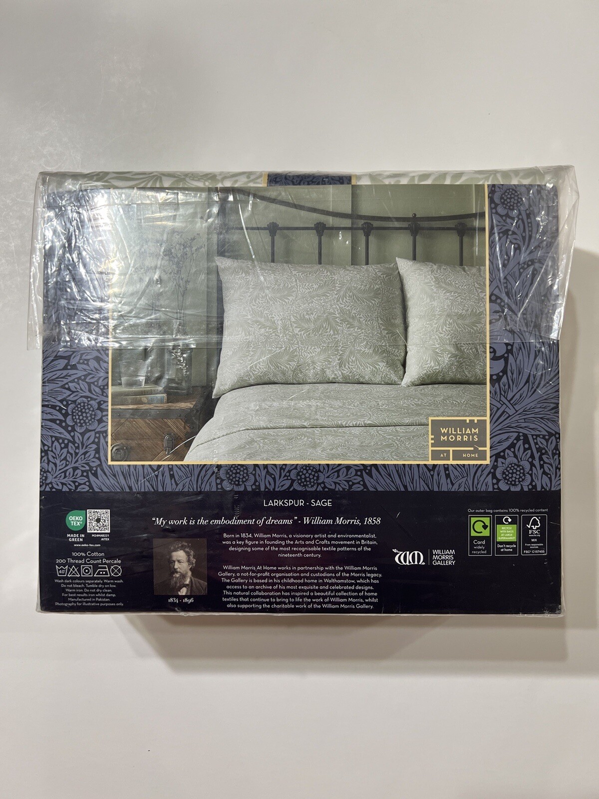 William Morris KING Sheet Set LARKSPUR SAGE 100% Cotton Percale Pakistan NWT gallery