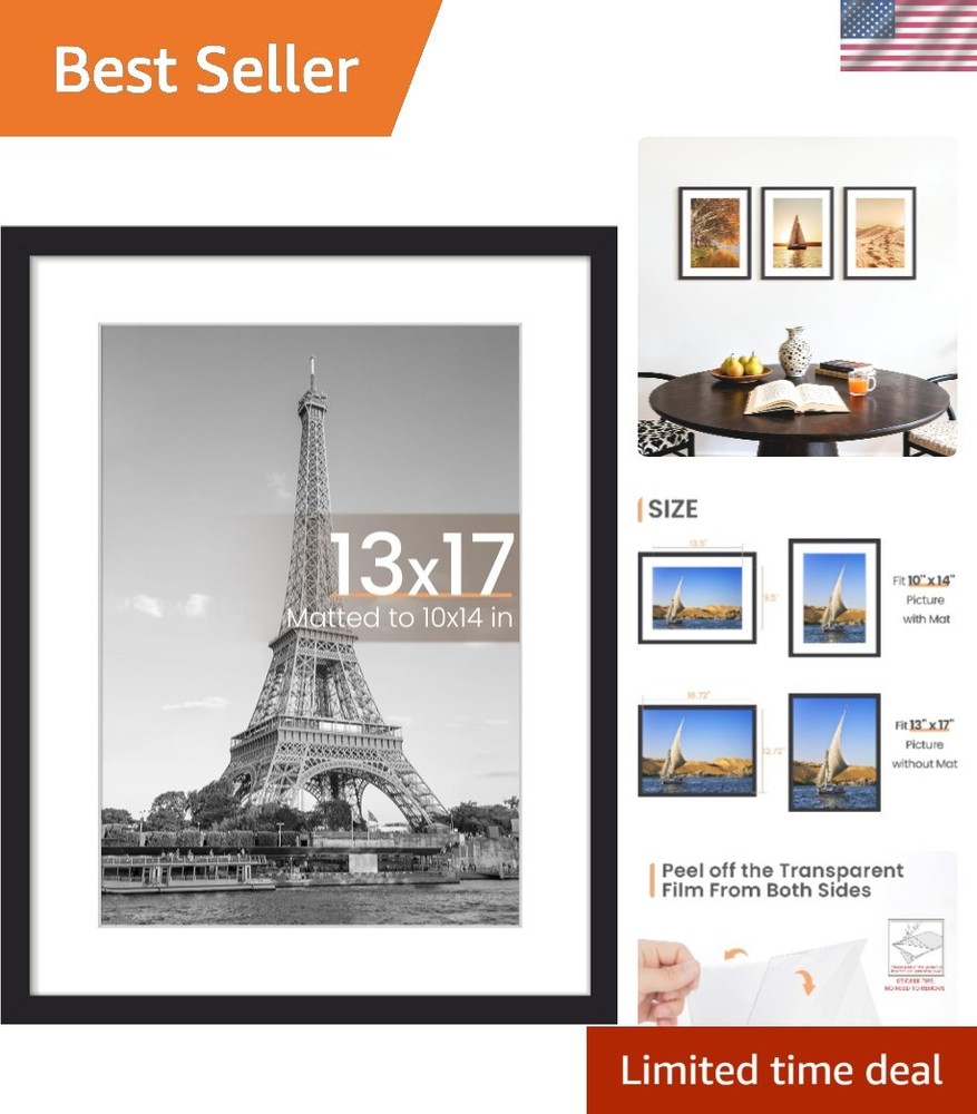 Classic Black Wall Hanging Picture Frame - Fits 10x14 with Mat or 13x17