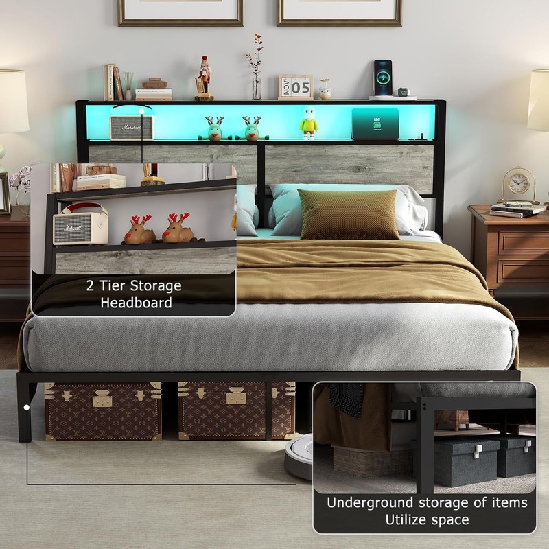 King Size Bed Frame with Charging Storage Headboard, Metal Platform Rustic Grey gallery