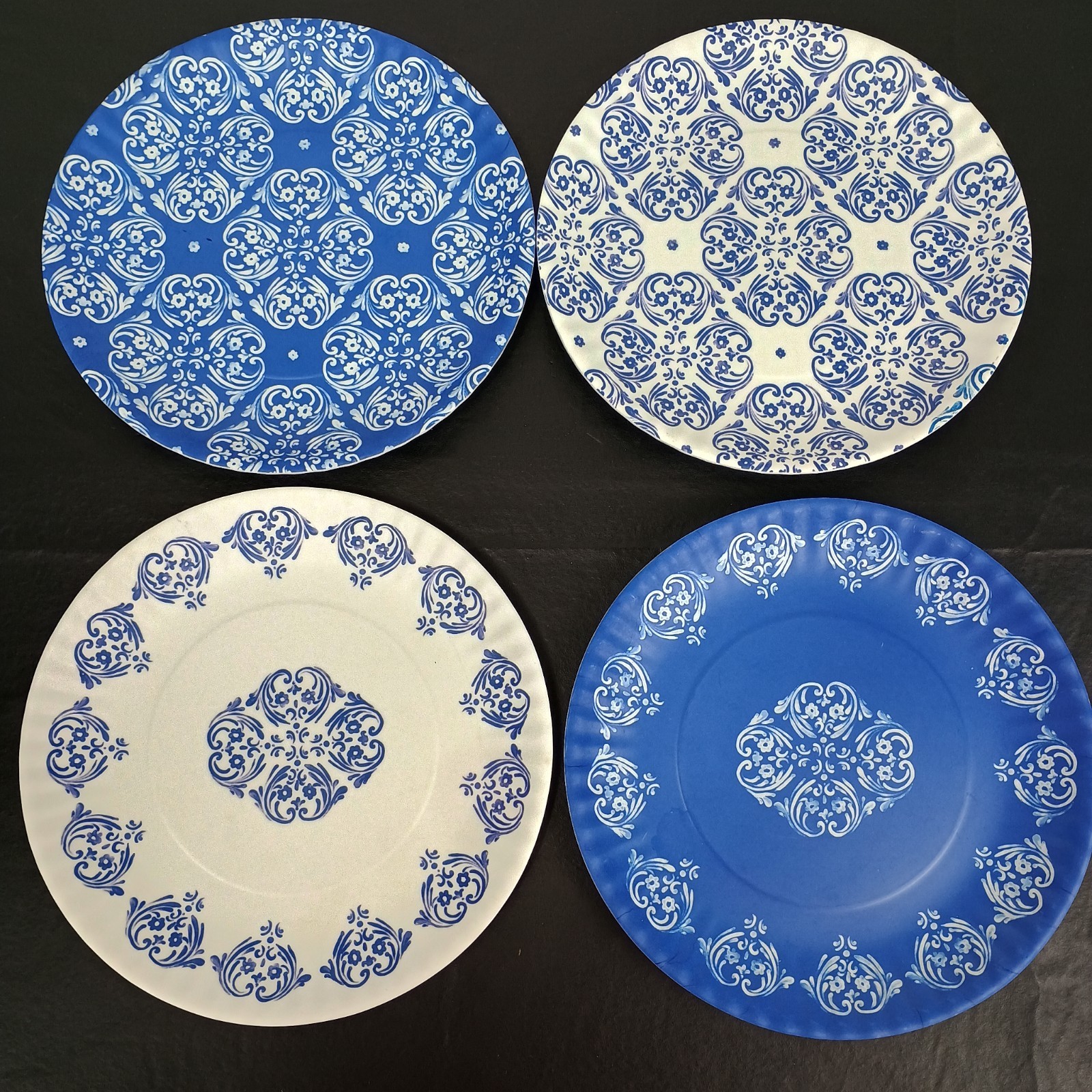 One Hundred 80 Degrees Blue & White Print Melamine Plates "Paper Look" 4 Pc Set gallery