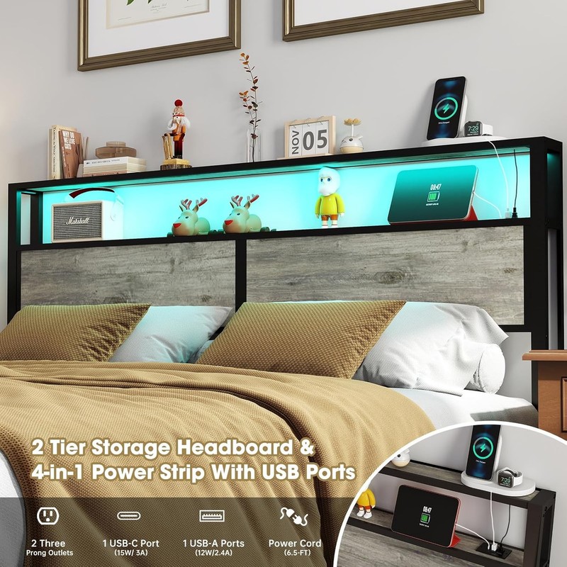King Size Bed Frame with Charging Storage Headboard, Metal Platform Rustic Grey gallery