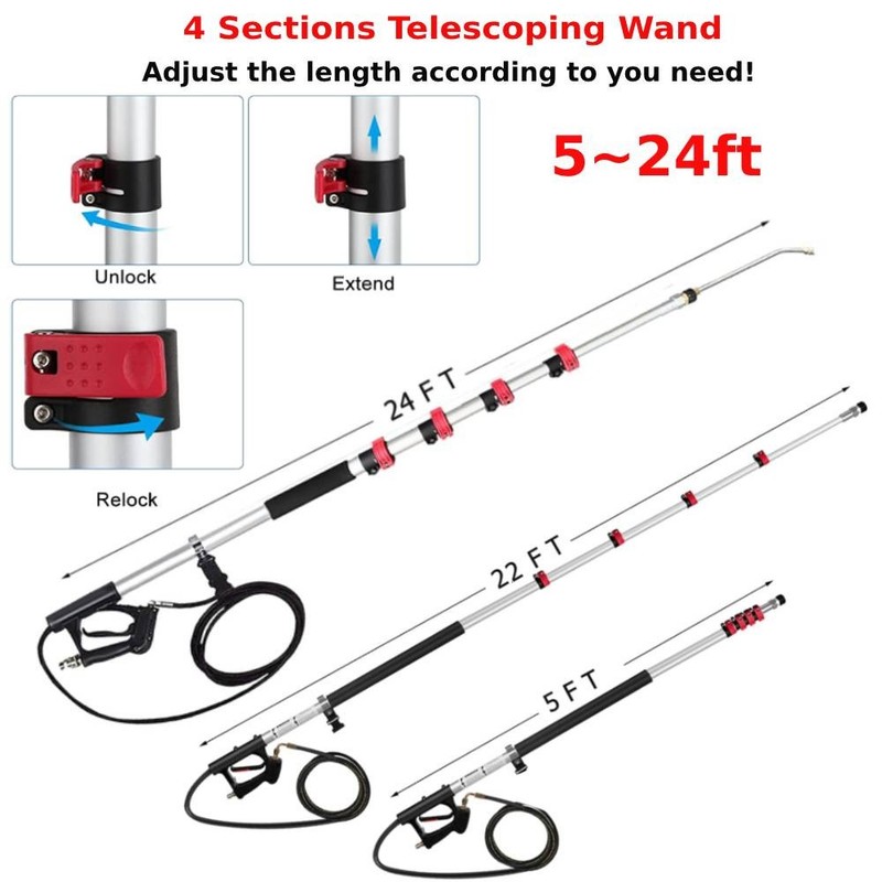 5~24FT 4 Sections Telescoping Pressure Washer Wand 4000PSI with 2 Extension Wand gallery