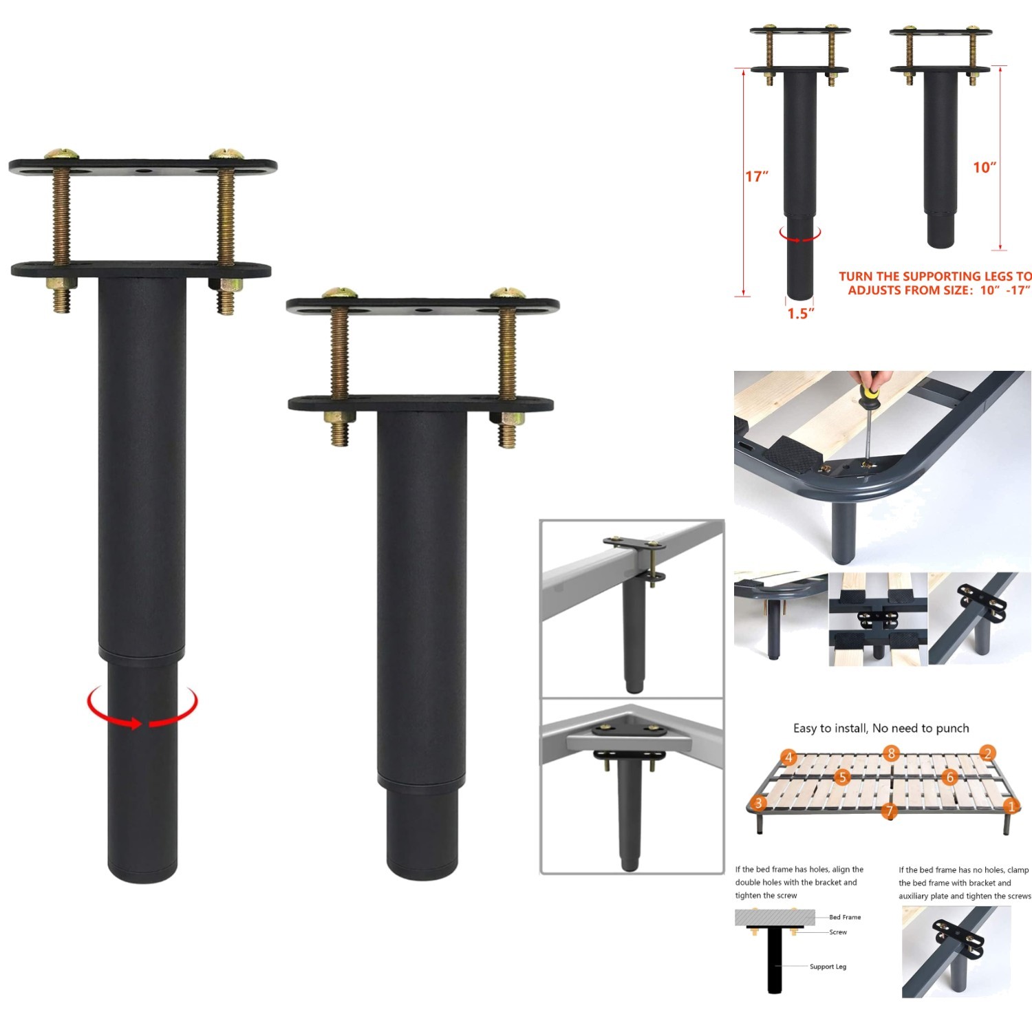 Bed Frame Center Support Legs Adjustable 10-17" Heavy Duty Slat Stabilizer 2PC gallery