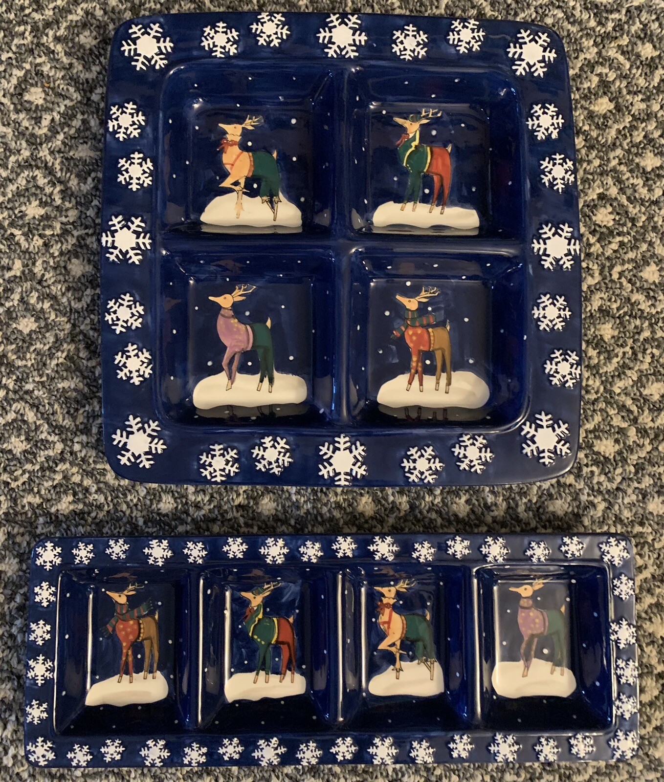 CIC Certified International Rebecca Ruegger Ceramic Reindeer Christmas Tray Set gallery
