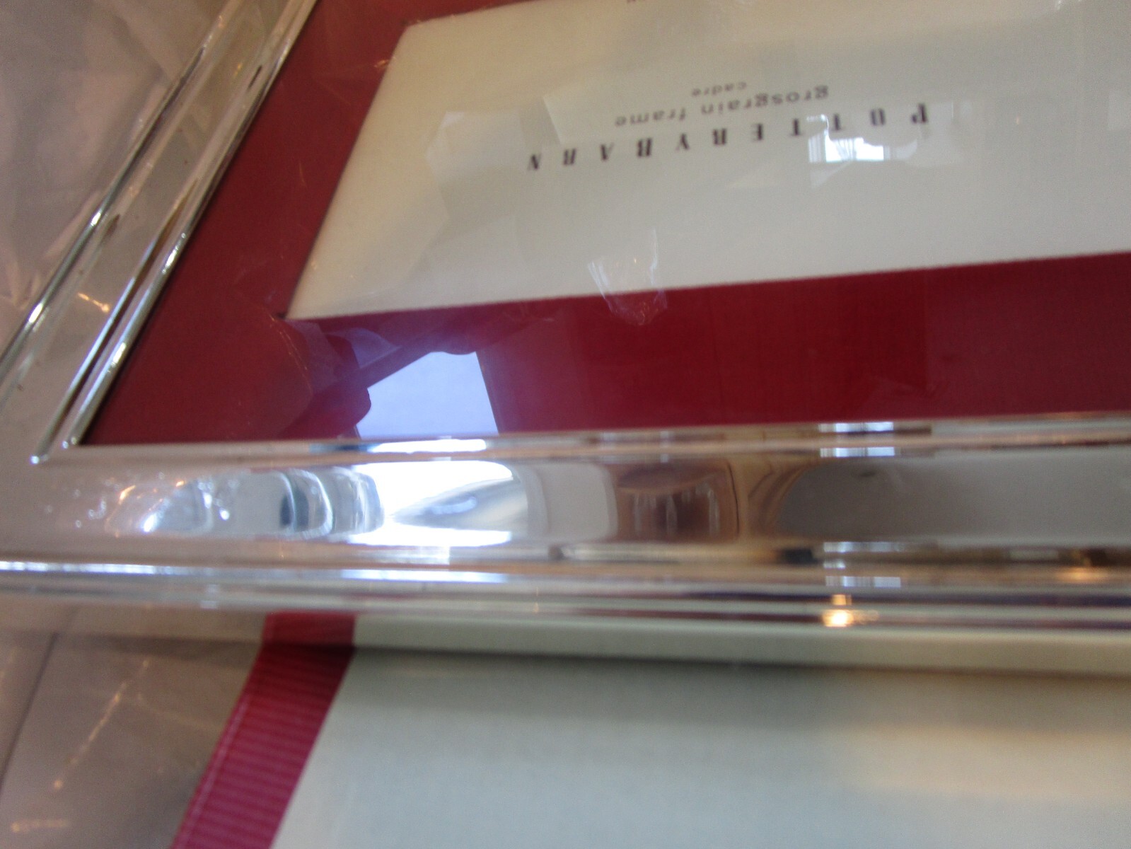 Pottery Barn silver red grosgrain frame 9 1/2 X 7 1/2" New w marks see #1 gallery