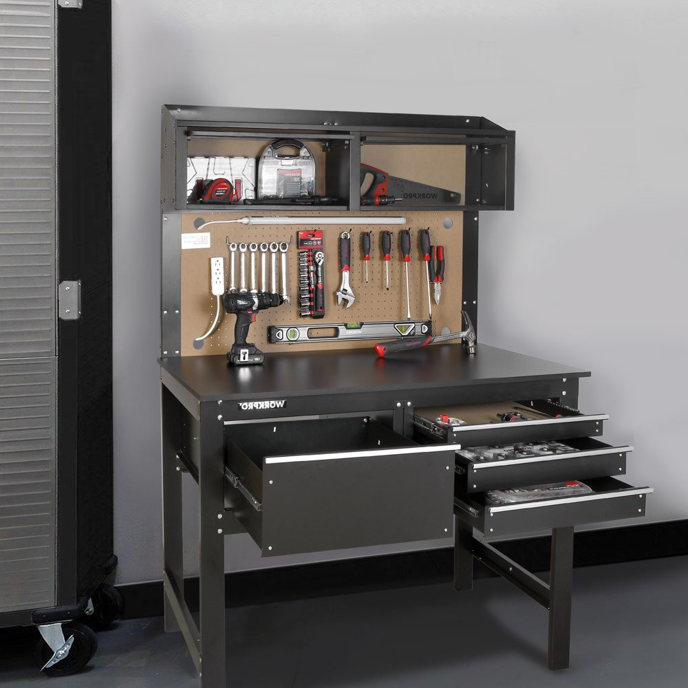 GARAGE WORKBENCH CABINET COMBO 4-Ft with Light and Tool Pegboard, Steel, Wood gallery