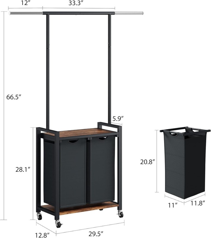 Rolling Laundry Cart with Hanging Rack & Utility Shelf Sorter-2 Bags with Wheels gallery