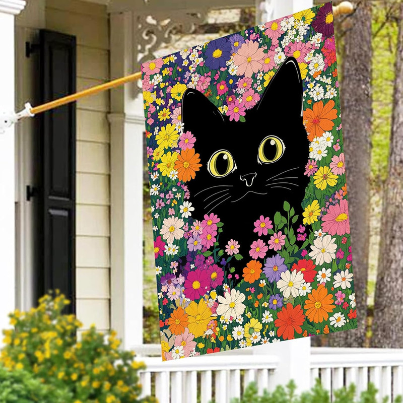 Spring Summer Cat House Flag Double Sided 28 X 40 Inch Funny Black Cat Flower Fl gallery