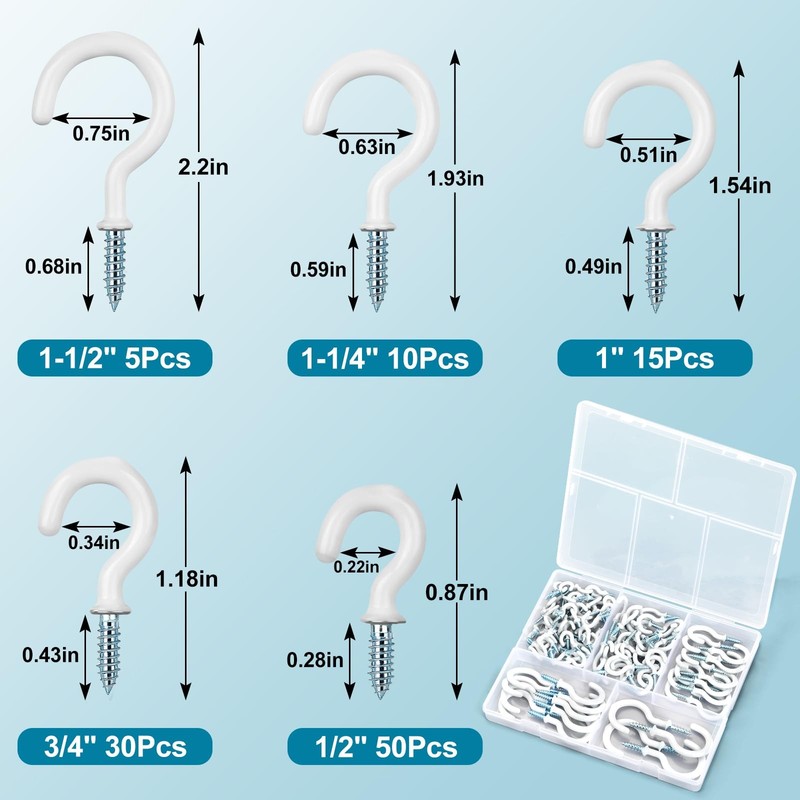 110Pcs Premium Screw Hooks, 5 Sizes White Vinyl Coated Cup Hook, from1/2 in Smal gallery