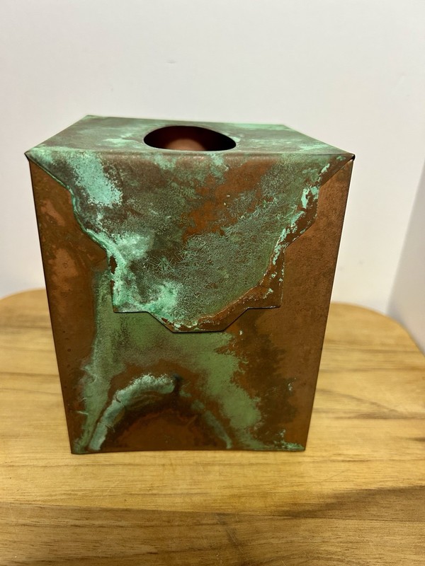 Upright Square DIstressed Rustic Copper Tissue Box Cover Holder with Patina gallery