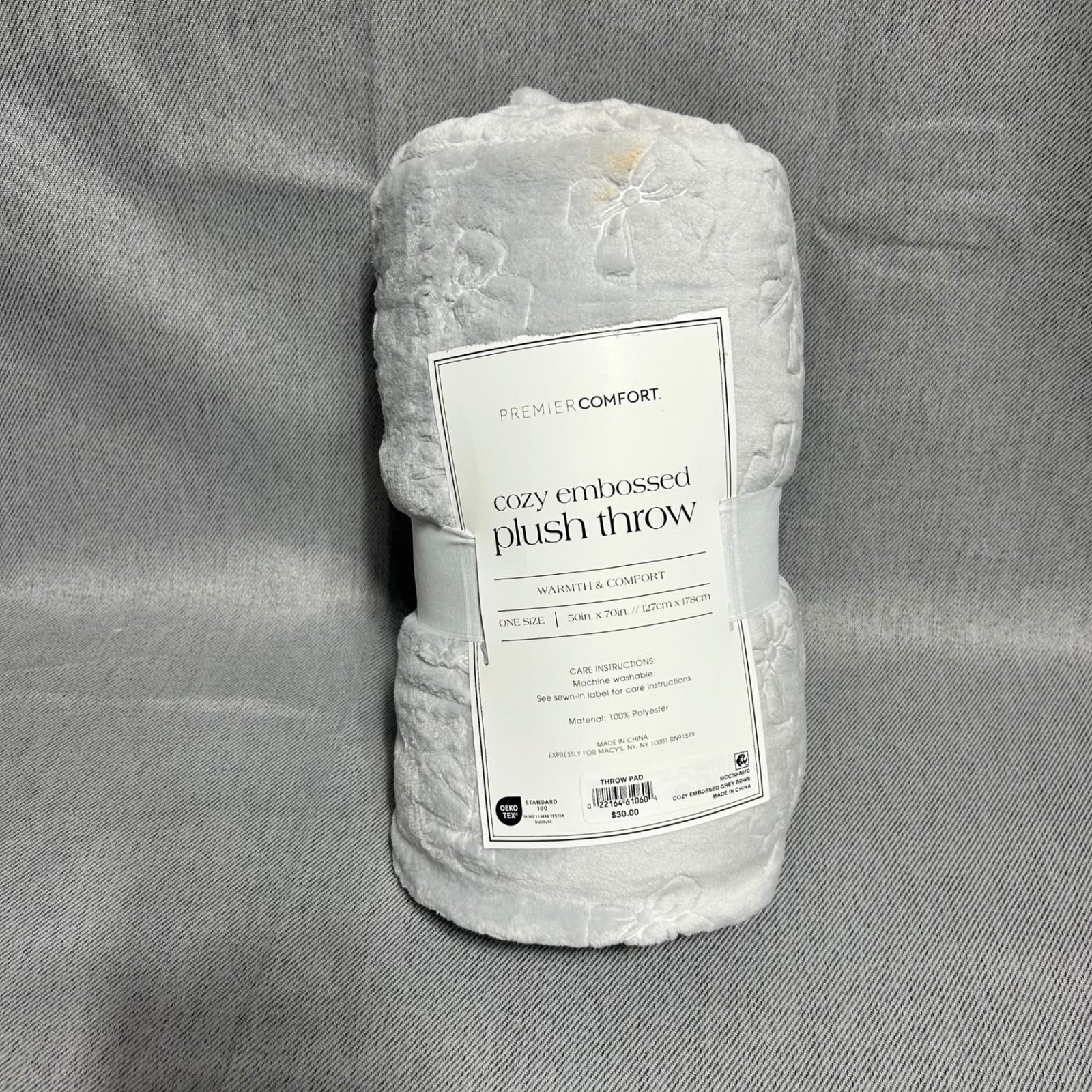 Premier Comfort Plush Throw One Size Grey Cozy Embossed Bows Blanket 50x70 gallery