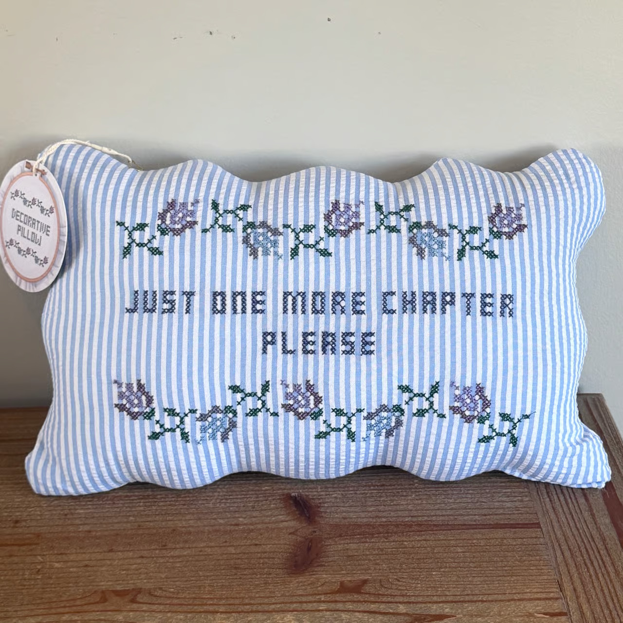 JUST ONE MORE CHAPTER PLEASE Cross Stitched Decorative Pillow Floral Stripe NWT gallery