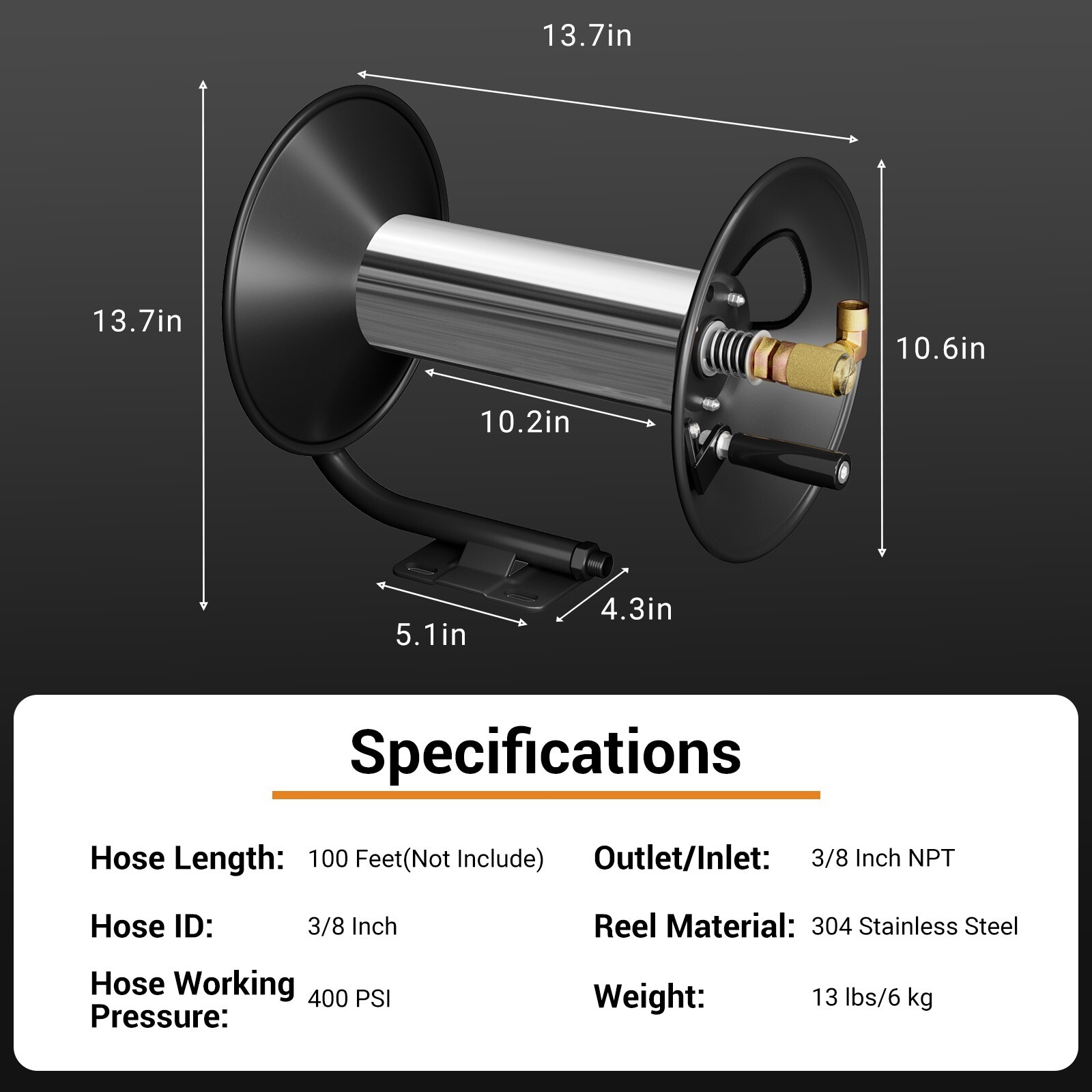 Retractable Power Pressure Washer Hose Reel 3/8" NPT, Max 300PSI Hot&Cold Water gallery