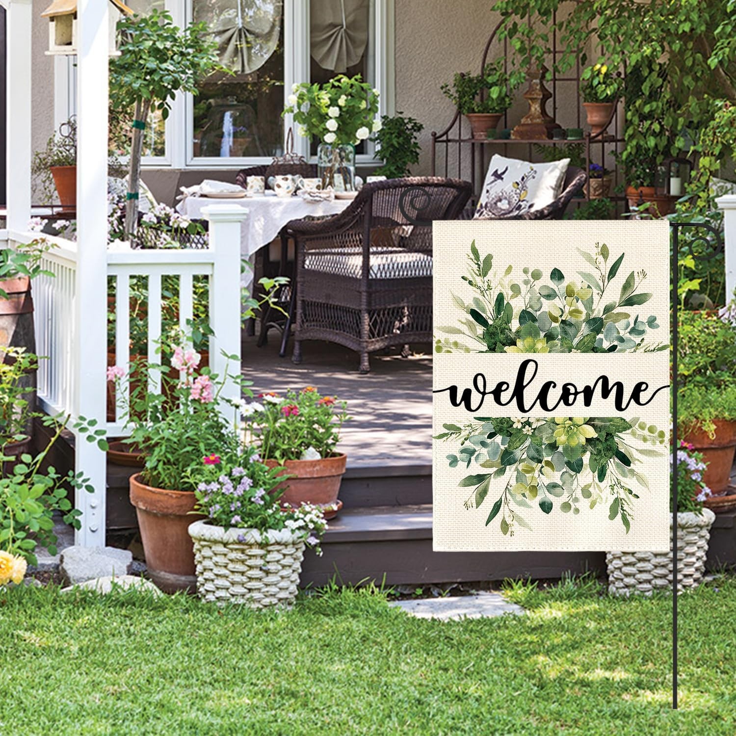 AVOIN Spring Summer Floral Welcome Garden Flag 12x18in Double Sided Eucalyptus gallery