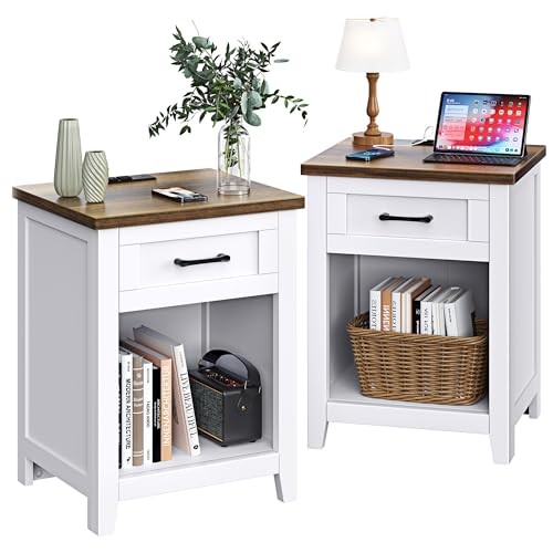 Farmhouse Nightstand with Charging Station & Large 2 Pure White + Walnut gallery