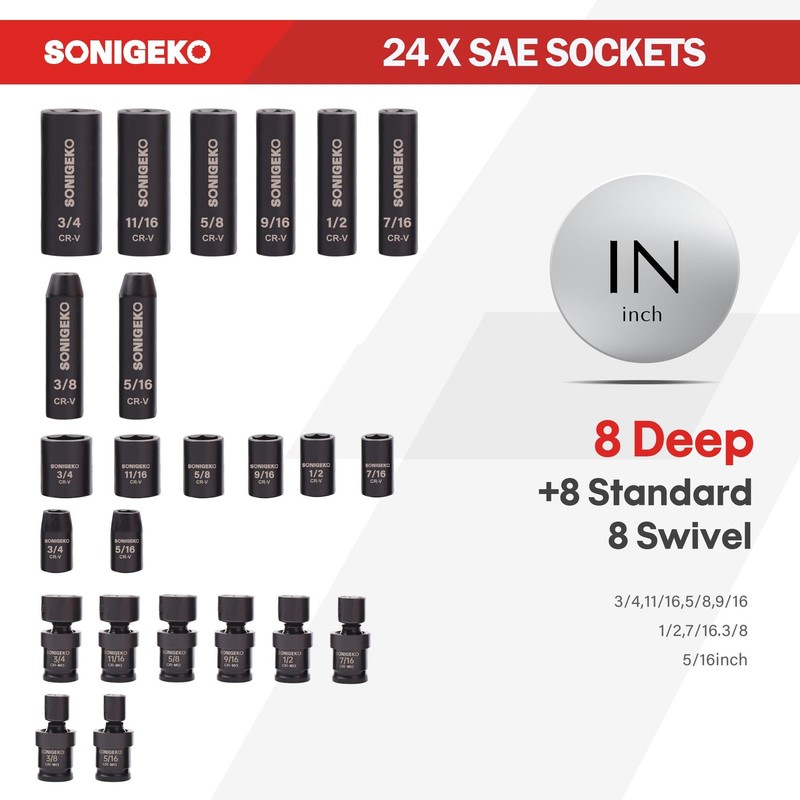SONIGEKO 3/8" Drive Impact Socket Set, 67-Piece Standard Metric & SAE 6 Point... gallery