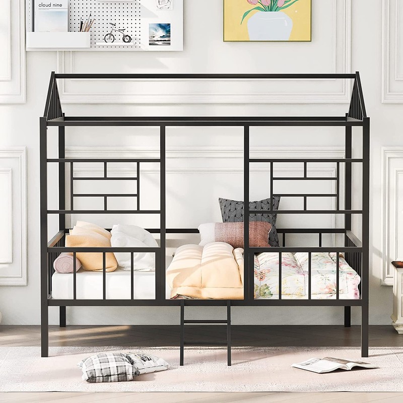 Twin/Full Size House Bed Metal Loft Bed with Roof Heavy Duty Bed Frames Kids Bed gallery