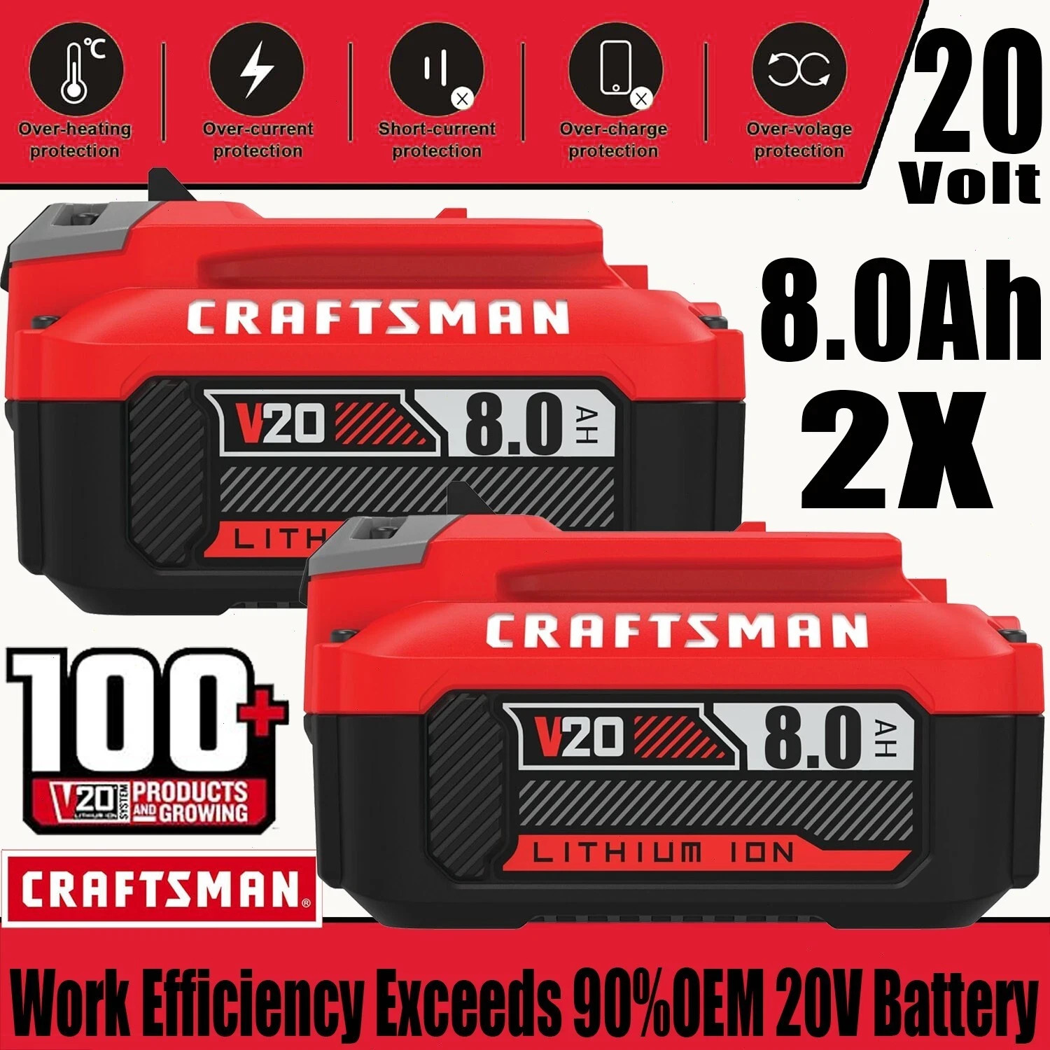 2PACK 20V 8.0AH For Craftsman 20 Volt MAX Li-ion Battery CMCB204 CMCB202 CMCB201 gallery