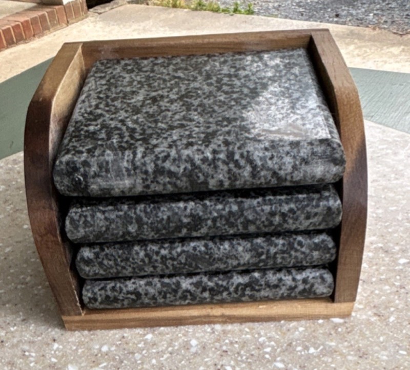 Viatris Stone Coaster Set Square Marbled Gray 4pcs Medium Brown Wood Holder gallery
