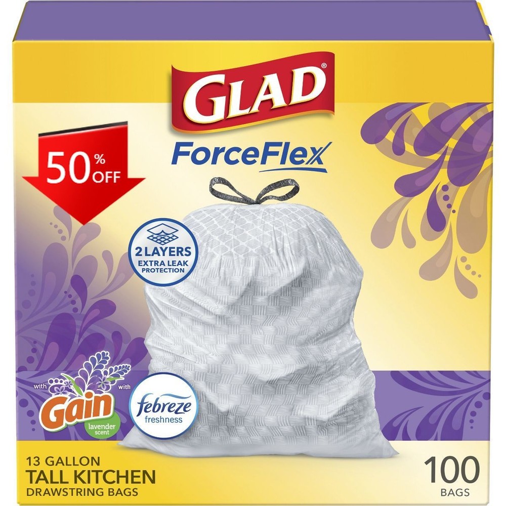 Glad ForceFlex Tall Kitchen Drawstring Trash Bags - Febreze Lavender-13gal/100ct