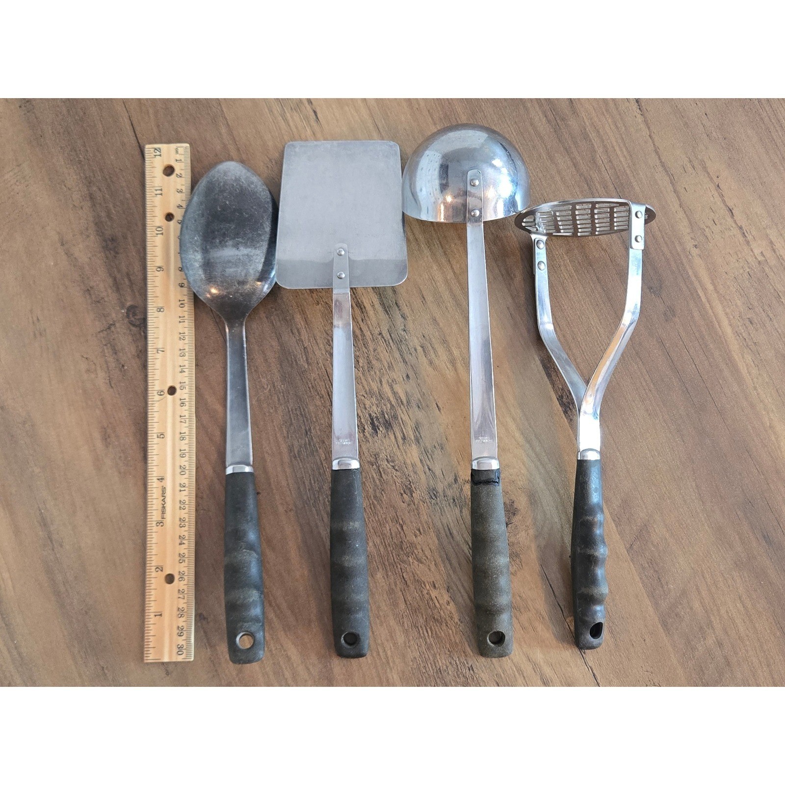 Vintage Stainless Steel Kitchen Utensil Set 4pc Spatula Ladle Spoon Masher Black gallery