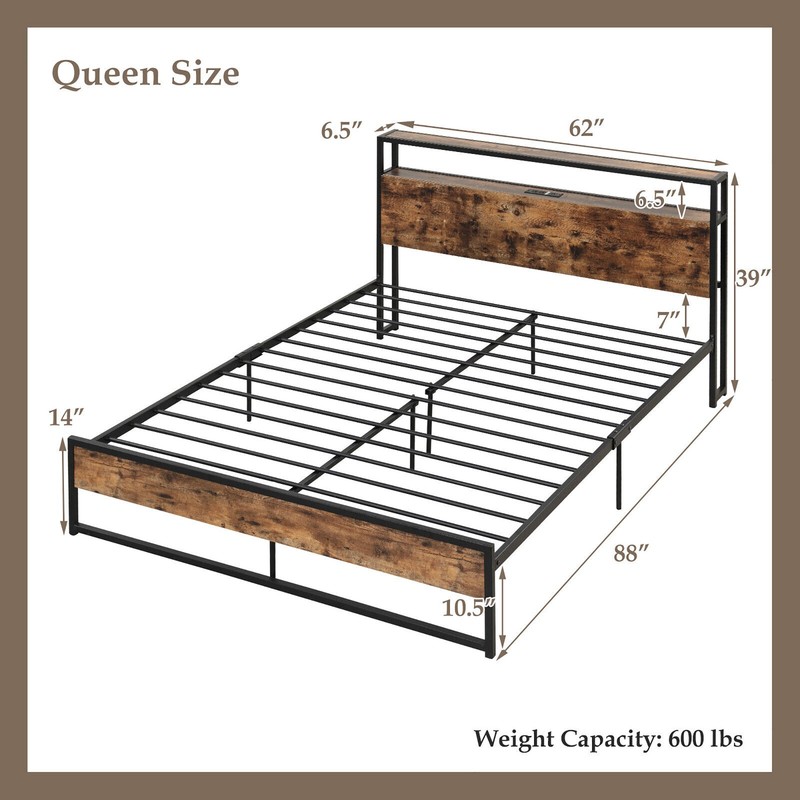 Queen Size Industrial Platform Bed Frame with Charging Station Storage Headboard gallery