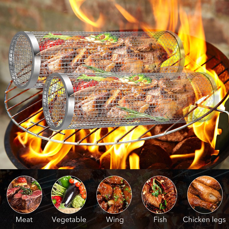 2 Pack Rolling Grilling Basket Stainless Steel For BBQ Grill Outdoor Tools US gallery
